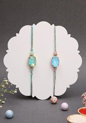 Set 0F 2 Crystals Studded Thread Rakhi With Roli Chawal And Greeting Card