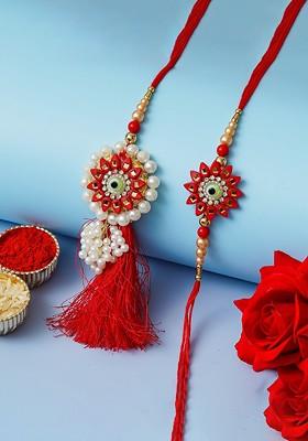 Set Of 2 Pearls Beaded Floral Design Bhaiya Bhabhi Rakhi