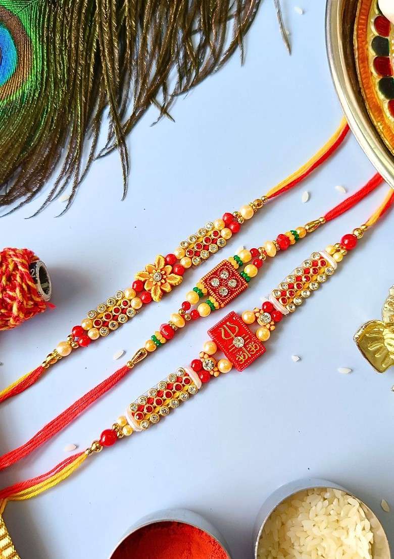 Set Of 3 Beaded Thread Rakhis With Roli Chawal - Indya