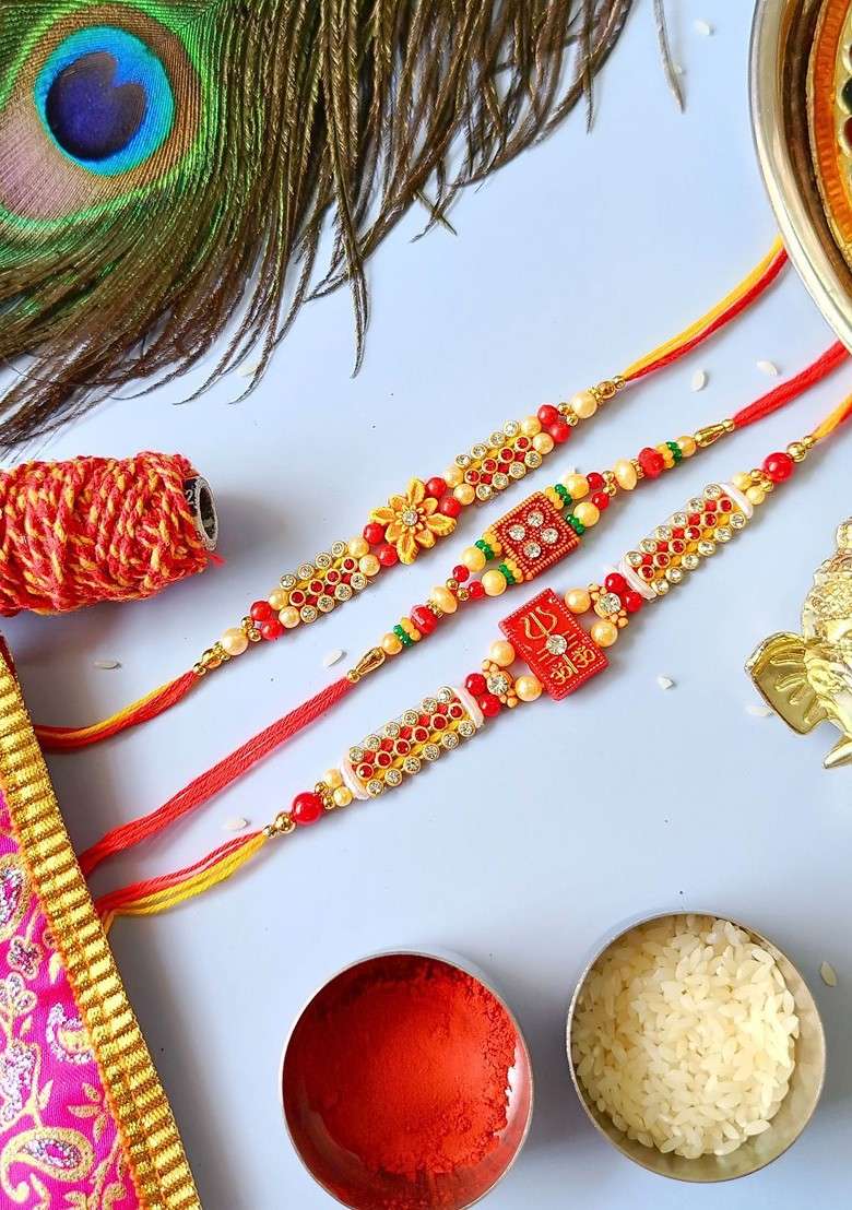 Set Of 3 Beaded Thread Rakhis With Roli Chawal - Indya
