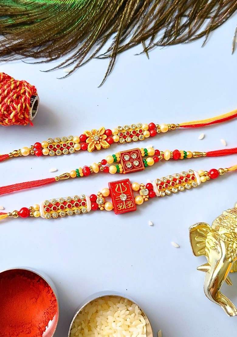 Set Of 3 Beaded Thread Rakhis With Roli Chawal - Indya