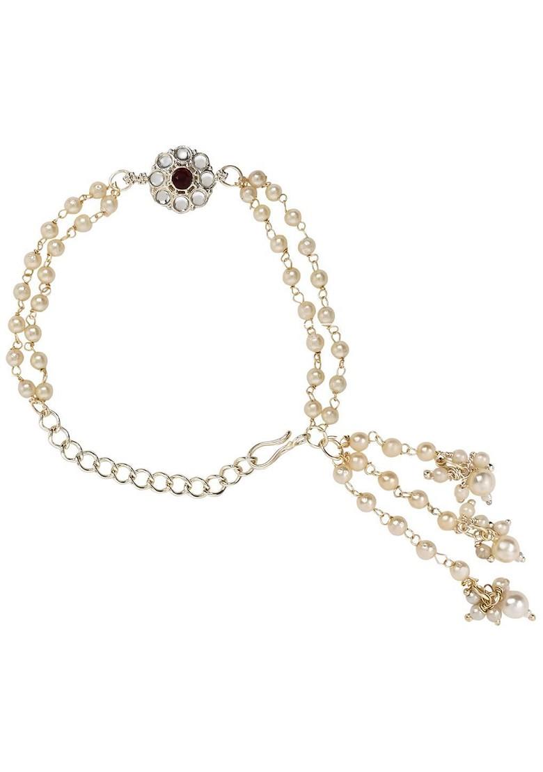 Gold Plated Kundan And Pearl Beaded Lumba Bracelet Rakhi - Indya