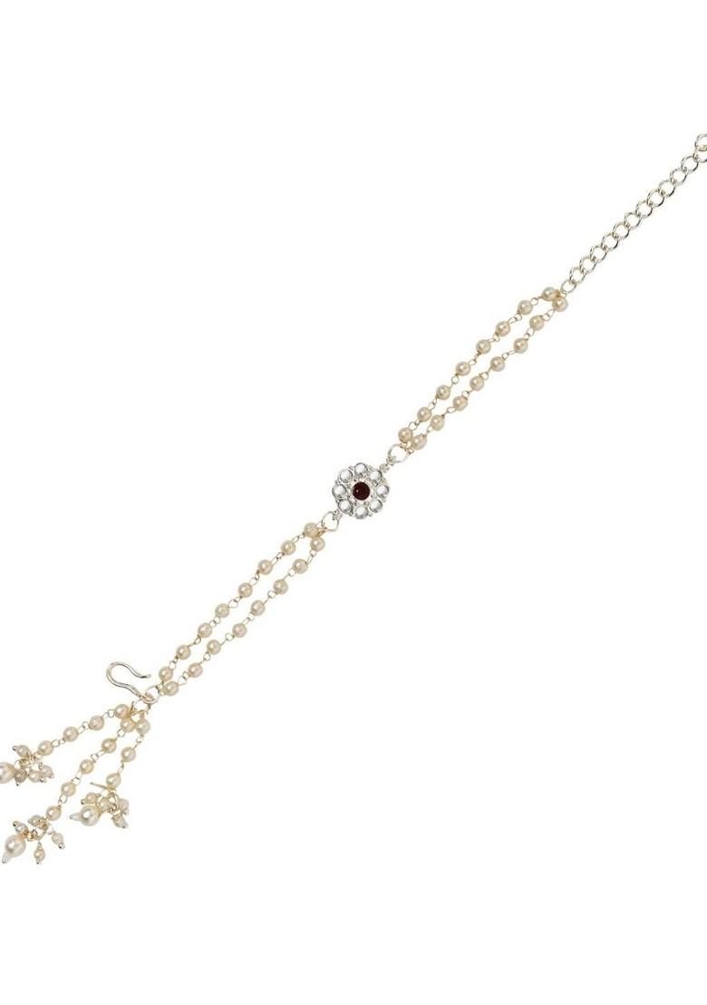 Gold Plated Kundan And Pearl Beaded Lumba Bracelet Rakhi - Indya