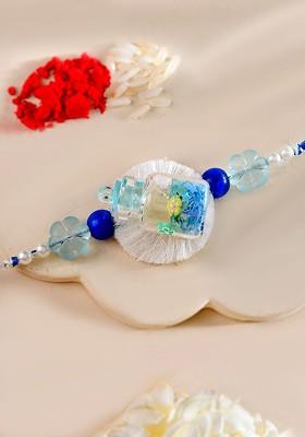 Glitter Stars And Floral Beads Thread Rakhi With Roli And Chawal