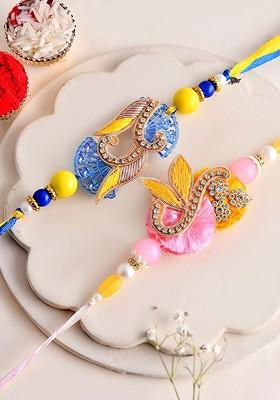 Set Of 2 Stone Studded And Beaded Thread Rakhi With Roli And Chawal