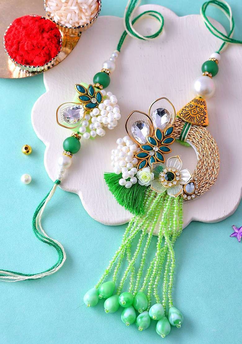 Bhaiya Bhabhi Rakhi With Beads And Designer Latkan With Roli And Chawal - Indya