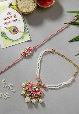 Set Of 2 Pink Kundan Studded And Beaded Bhaiya Bhabhi Rakhi With Roli Chawal