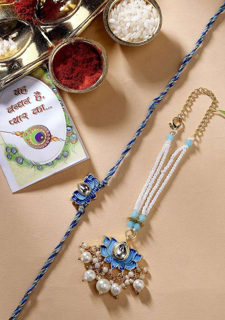 Set Of 2 Blue Kundan Studded And Beaded Bhaiya Bhabhi Rakhi With Roli Chawal - Indya