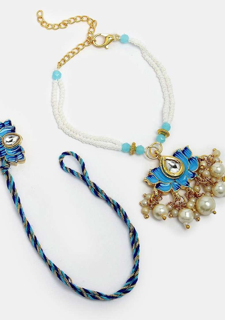 Set Of 2 Blue Kundan Studded And Beaded Bhaiya Bhabhi Rakhi With Roli Chawal - Indya