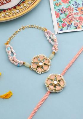 Set Of 2 Peach Artificial Stones And Pearls Bhaiya Bhabhi Rakhi With Roli Chawal
