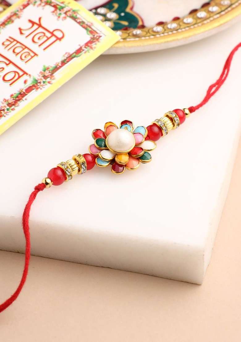 Men Beads And Pearls Floral Design Thread Rakhi Roli Chawal Chandan And Mishri - Indya
