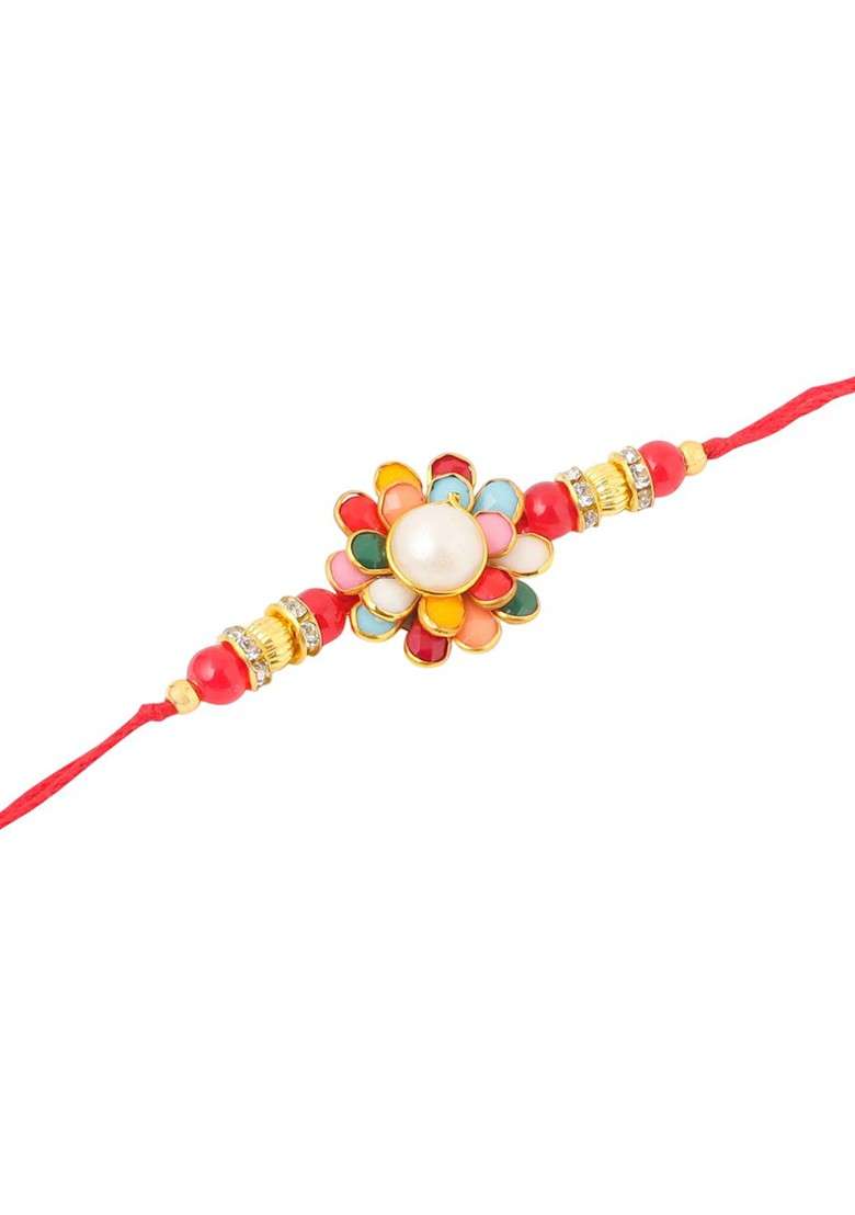 Men Beads And Pearls Floral Design Thread Rakhi Roli Chawal Chandan And Mishri - Indya