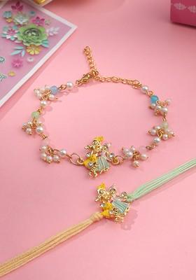 Set Of 2 Gold Toned Radha Krishna Bhaiya Bhabhi Rakhi With Roli Chawal Chandan