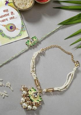 Set Of 2 Green Kundan Studded And Beaded Bhaiya Bhabhi Rakhi With Roli Chawal Chandan