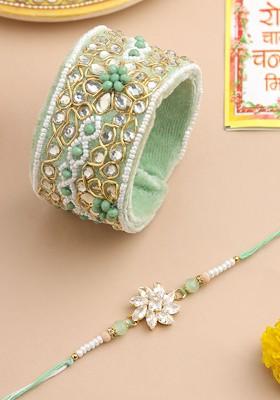 Set Of 2 Green Artificial Stones Bhaiya Bhabhi Rakhi With Roli Chawal Chandan Mishri