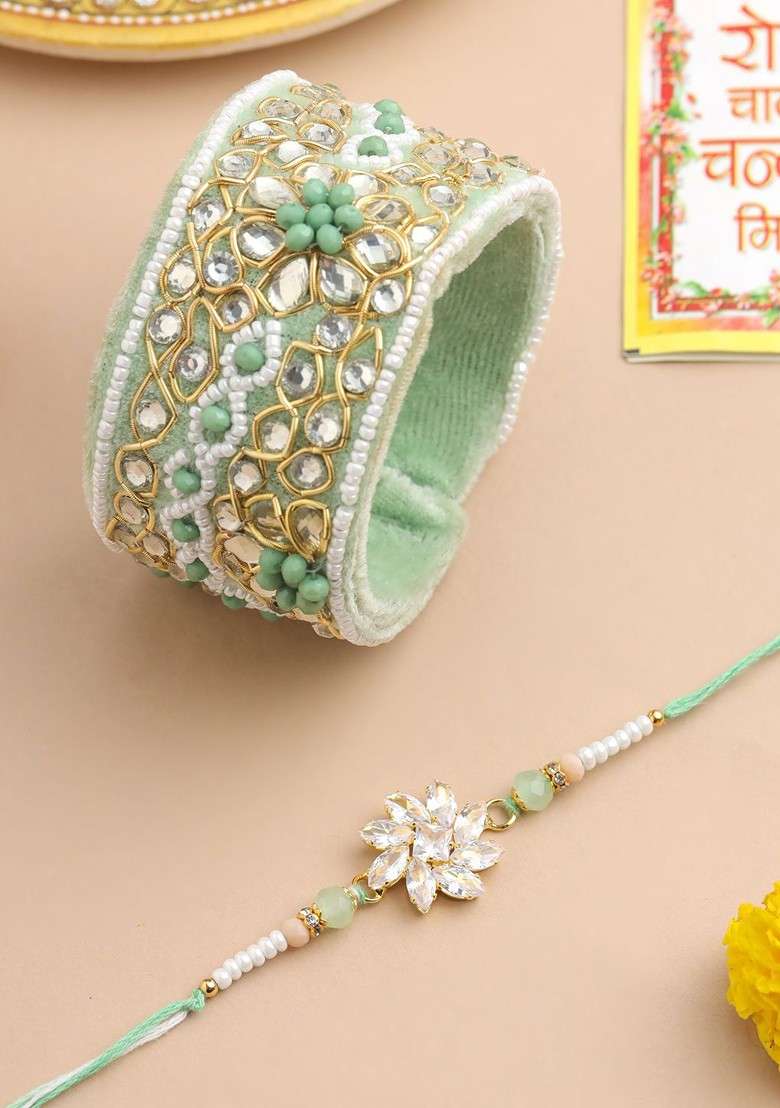 Set Of 2 Green Artificial Stones Bhaiya Bhabhi Rakhi With Roli Chawal Chandan Mishri - Indya
