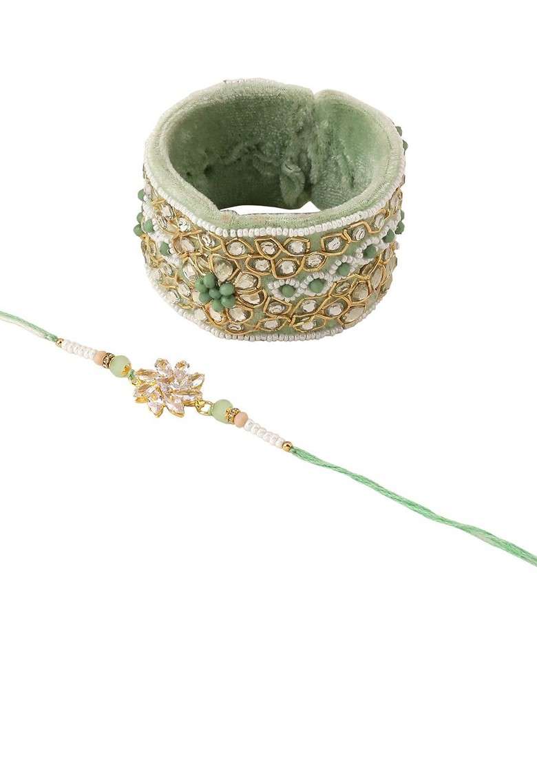 Set Of 2 Green Artificial Stones Bhaiya Bhabhi Rakhi With Roli Chawal Chandan Mishri - Indya