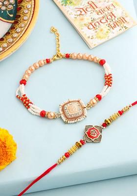 Set Of 2 Gold Toned Beaded Om Design Bhaiya Bhabhi Rakhi With Roli Chawal Chandan
