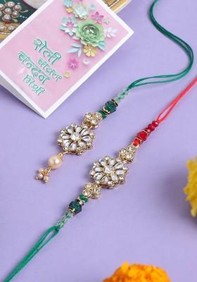 Set Of 2 Gold Toned Kundan Studded Floral Bhaiya Bhabhi Rakhi With Roli Chawal