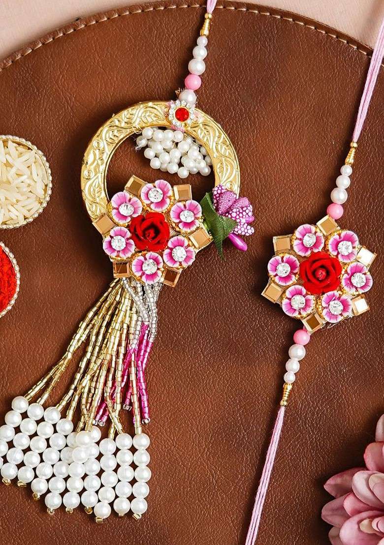 Set Of 2 Floral Designer Beaded Thread Rakhis - Indya