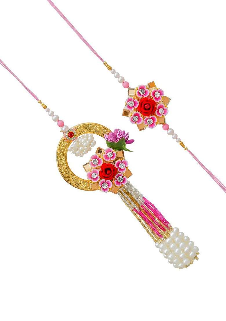Set Of 2 Floral Designer Beaded Thread Rakhis - Indya