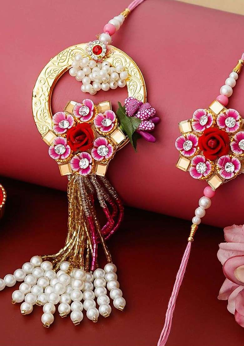 Set Of 2 Floral Designer Beaded Thread Rakhis - Indya