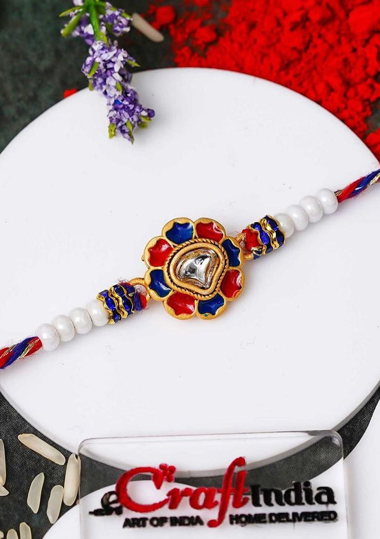 Flower Kundan Pearl Designer Thread Rakhi With Roli Chawal - Indya