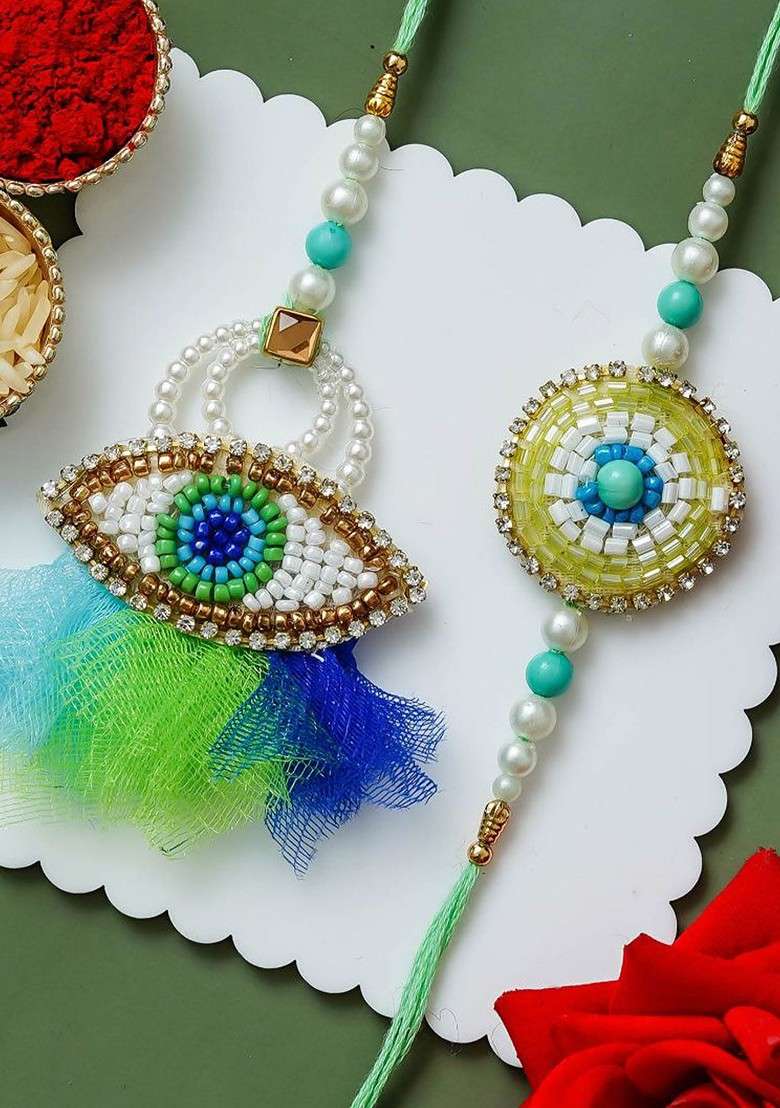 Set Of 2 Artfificial Stones Studded And Beaded Evil Eye Rakhi - Indya