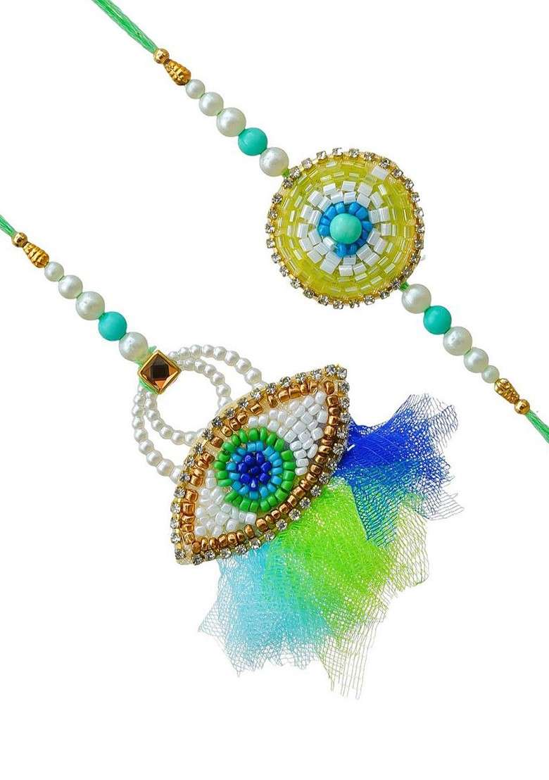 Set Of 2 Artfificial Stones Studded And Beaded Evil Eye Rakhi - Indya