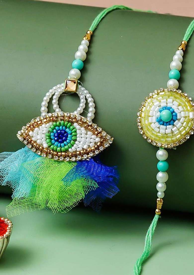 Set Of 2 Artfificial Stones Studded And Beaded Evil Eye Rakhi - Indya