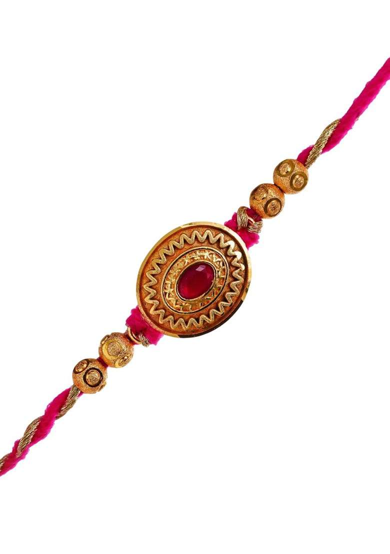 Golden Pink Kundan Beads Designer Rakhi For Brother - Indya