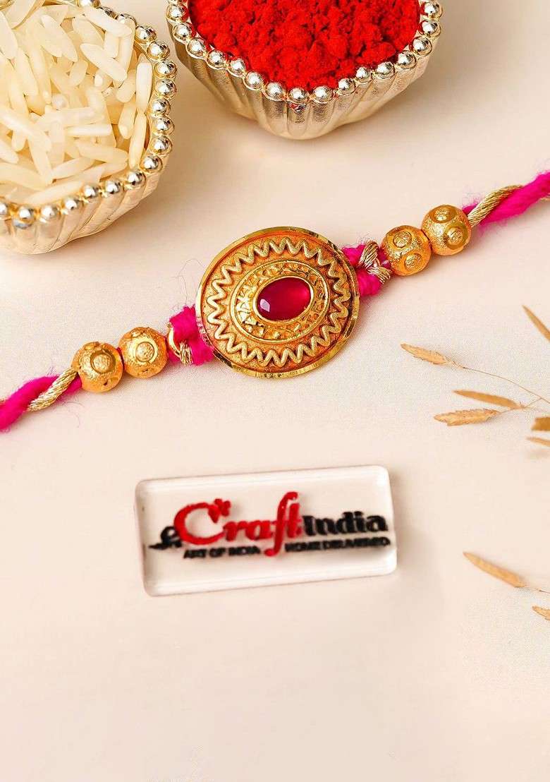 Golden Pink Kundan Beads Designer Rakhi For Brother - Indya