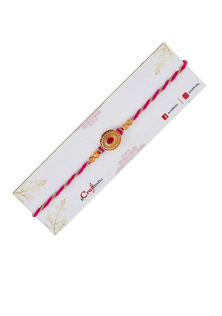 Golden Pink Kundan Beads Designer Rakhi For Brother - Indya
