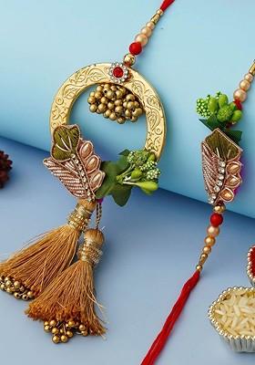 Set Of 2 Golden Designer Brother And Bhabhi Rakhi