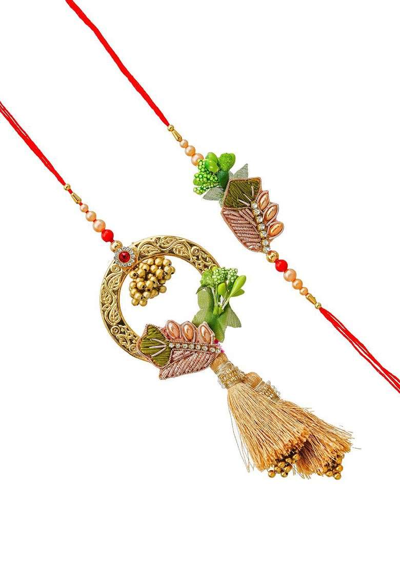 Set Of 2 Golden Designer Brother And Bhabhi Rakhi - Indya