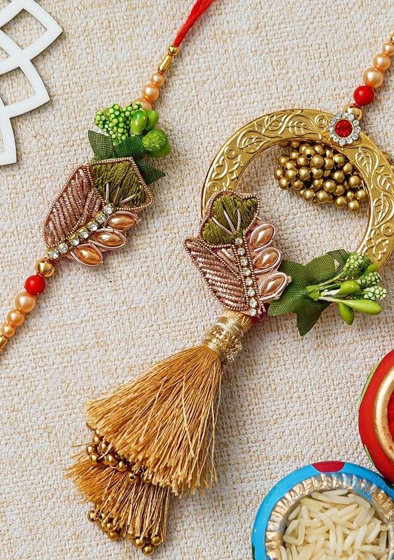 Set Of 2 Golden Designer Brother And Bhabhi Rakhi - Indya