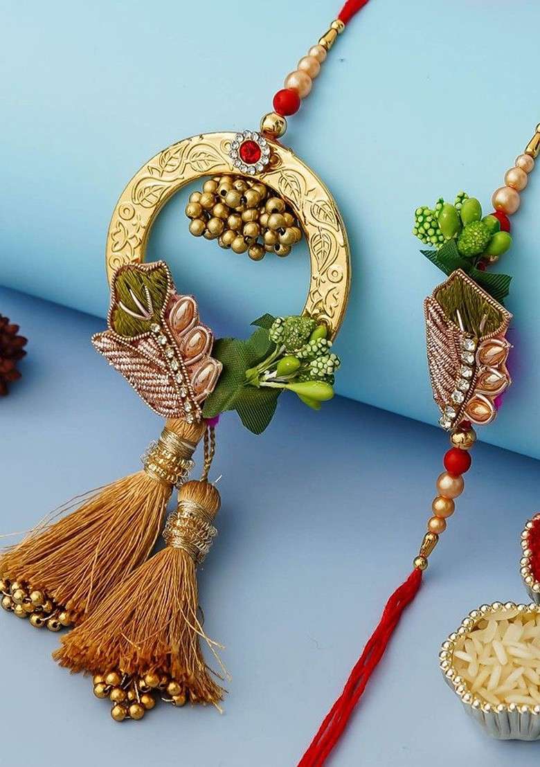 Set Of 2 Golden Designer Brother And Bhabhi Rakhi - Indya