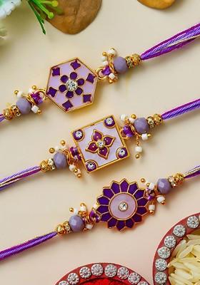 Set Of 3 Stones Studded Floral Design Thread Rakhi