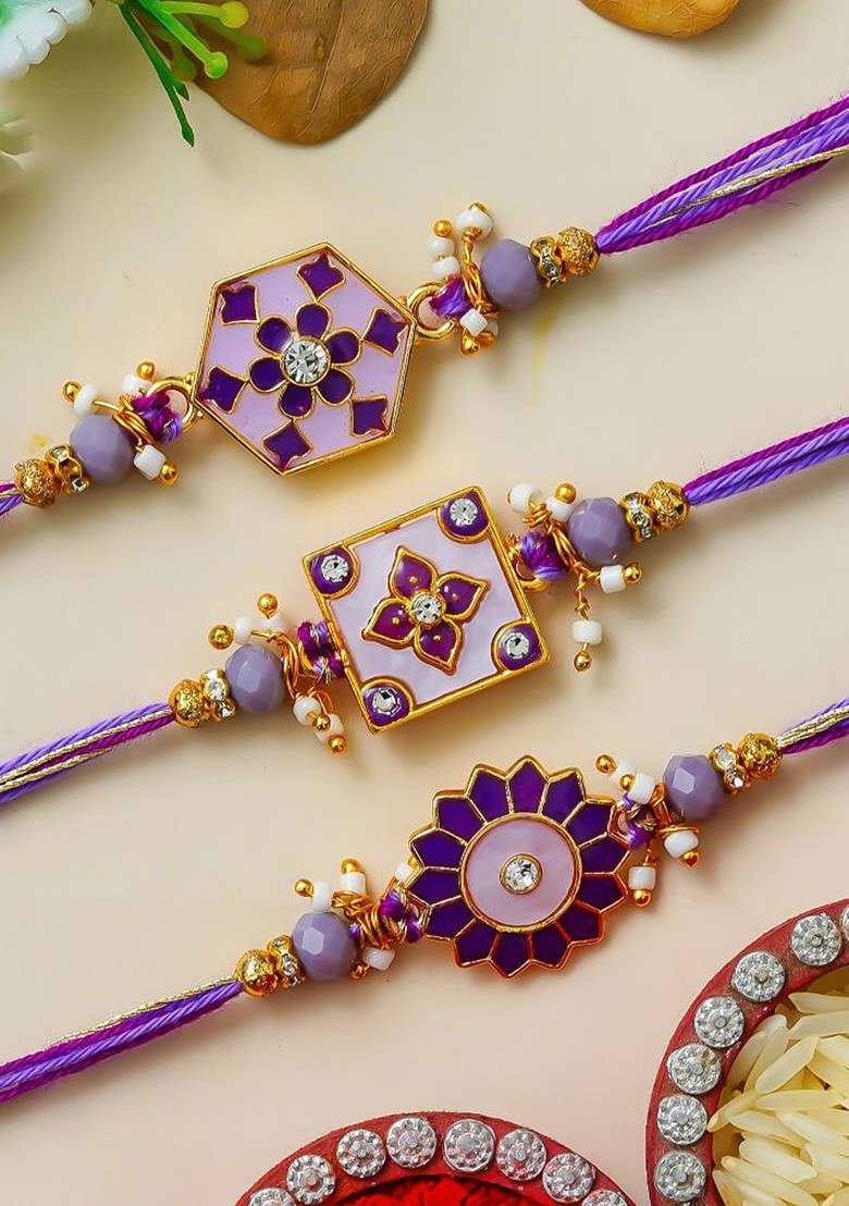 Set Of 3 Stones Studded Floral Design Thread Rakhi - Indya