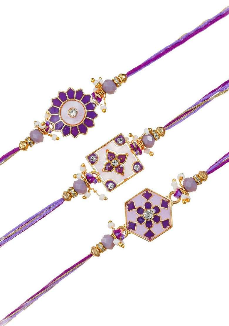 Set Of 3 Stones Studded Floral Design Thread Rakhi - Indya