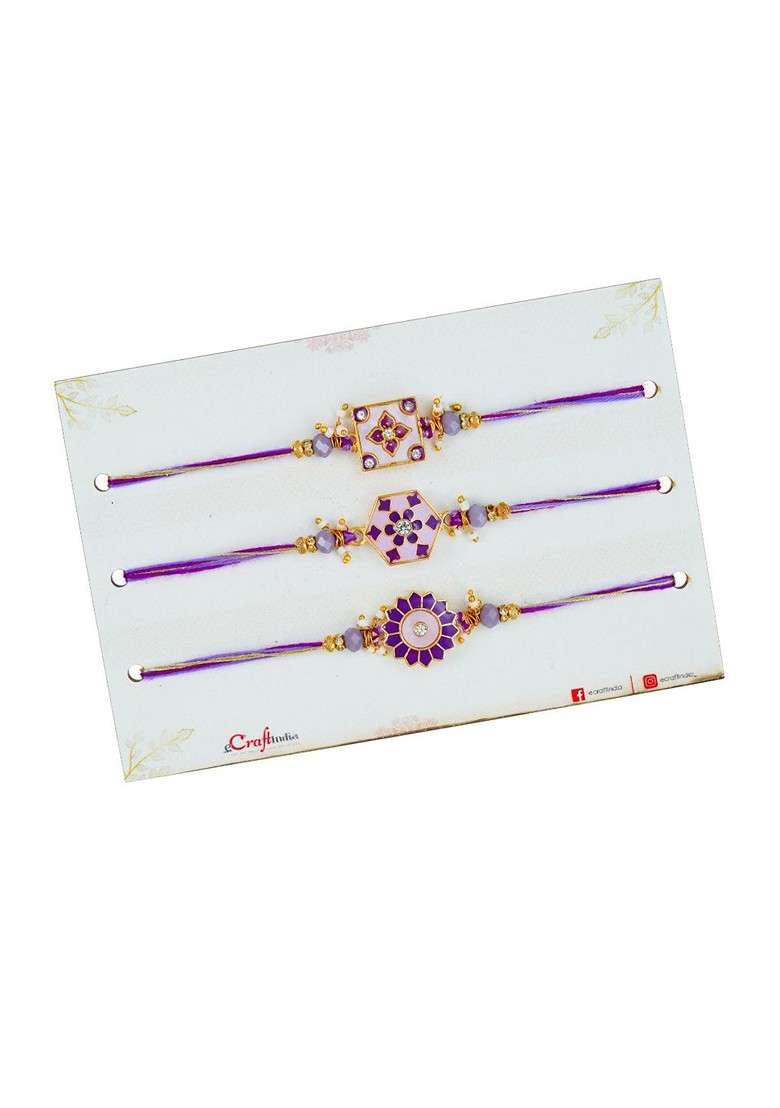Set Of 3 Stones Studded Floral Design Thread Rakhi - Indya