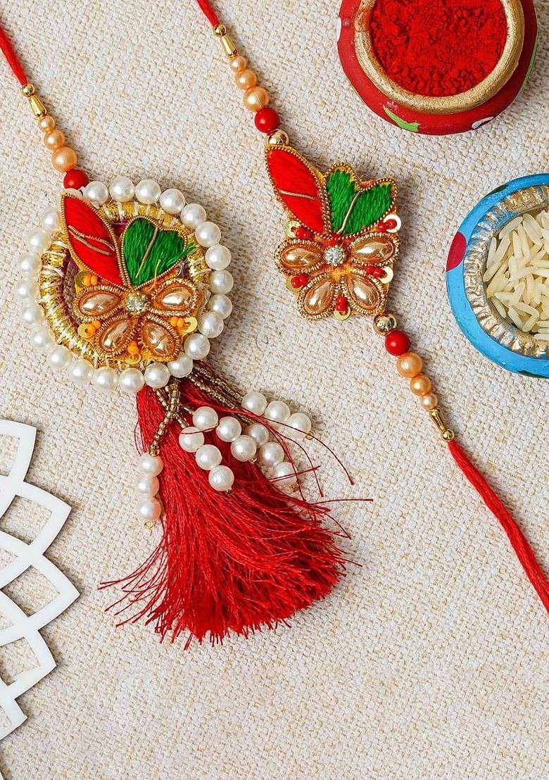 Set Of 2 Beaded Floral Design Bhaiya Bhabhi Rakhis - Indya