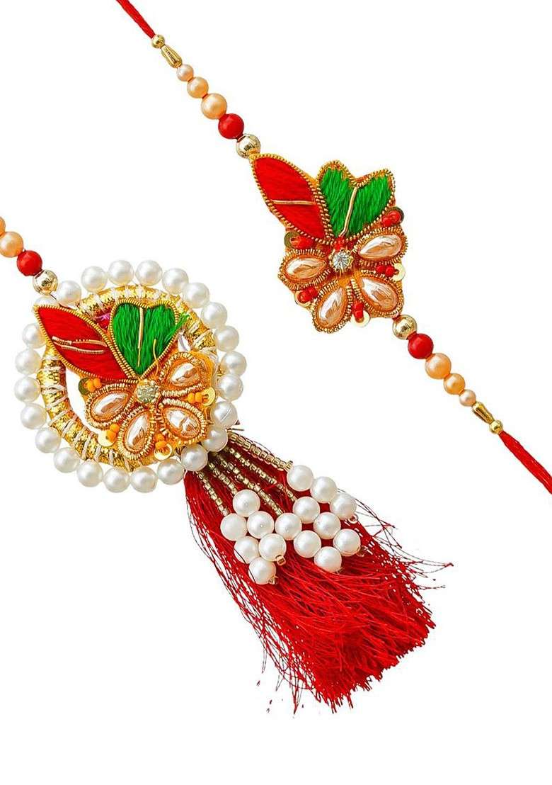 Set Of 2 Beaded Floral Design Bhaiya Bhabhi Rakhis - Indya