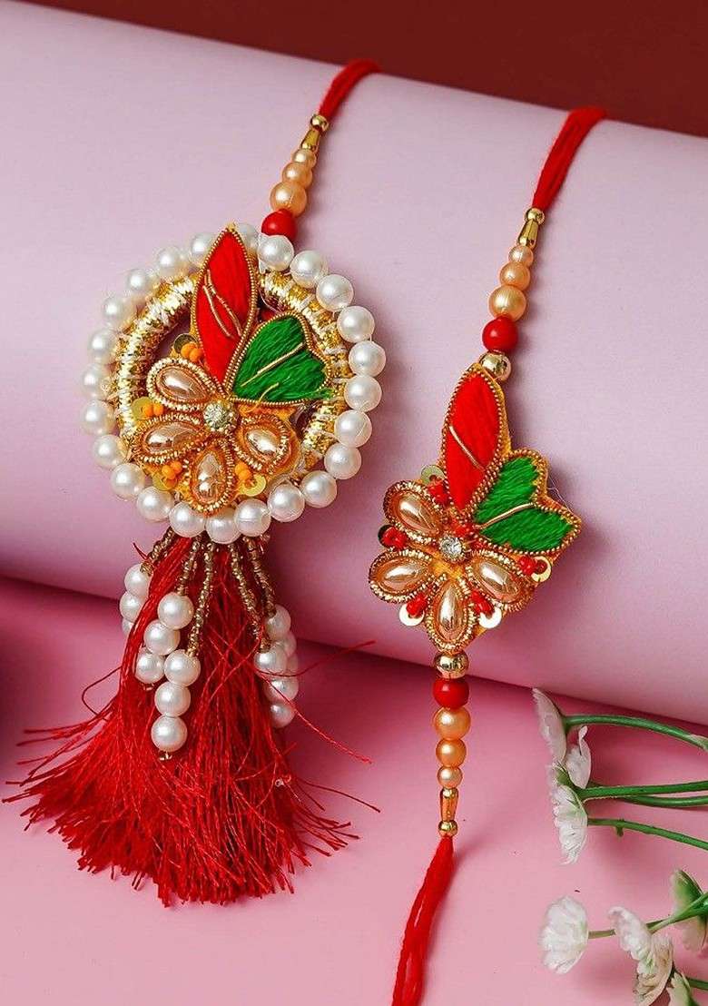 Set Of 2 Beaded Floral Design Bhaiya Bhabhi Rakhis - Indya
