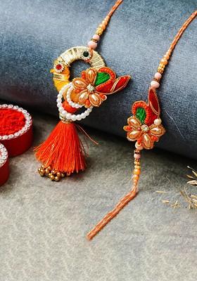 Set Of 2 Stones Studded And Beaded Floral Design Thread Rakhi Thread Rakhi
