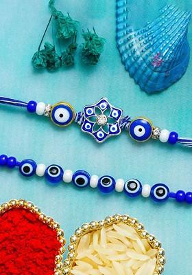 Set Of 2 Stones Studded Floral Evil Eye Design Thread Rakhi
