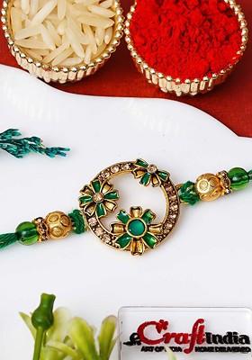 Stone Studded And Beaded Beautiful Flowers Designer Thread Rakhi With Rolichawal