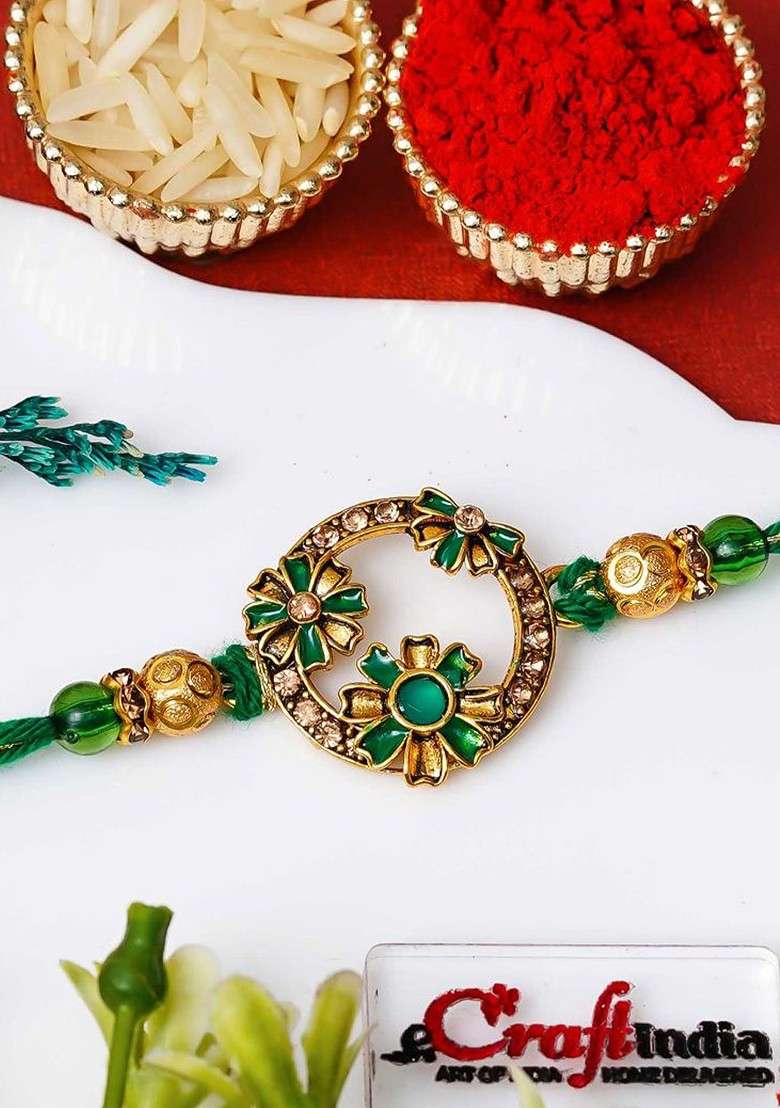 Stone Studded And Beaded Beautiful Flowers Designer Thread Rakhi With Rolichawal - Indya