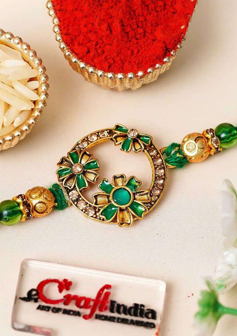 Stone Studded And Beaded Beautiful Flowers Designer Thread Rakhi With Rolichawal - Indya
