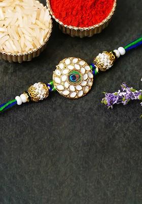 Peacock Feather Pearls Designer Thread Rakhi With Roli Chawal